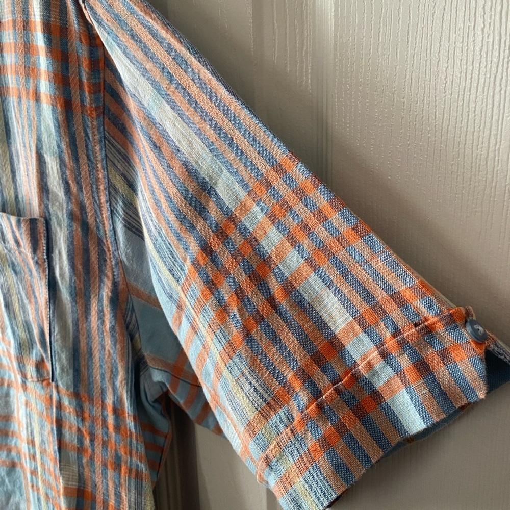 CUBAVERA Blue/Orange Plaid 100% Linen Button Front Shirt SZ L - Picture 5 of 8